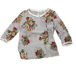 Super Hakka Floral Striped Blouse Top Women's 3/4 Sleeves
